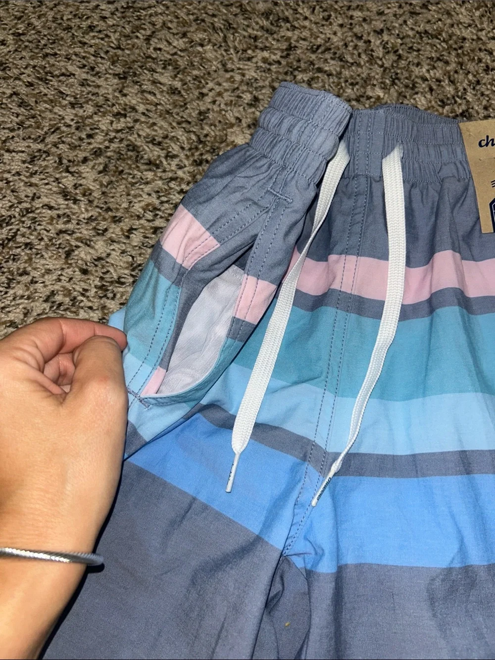 chubbies Navy Swim Shorts with Blue and Pink Stripes